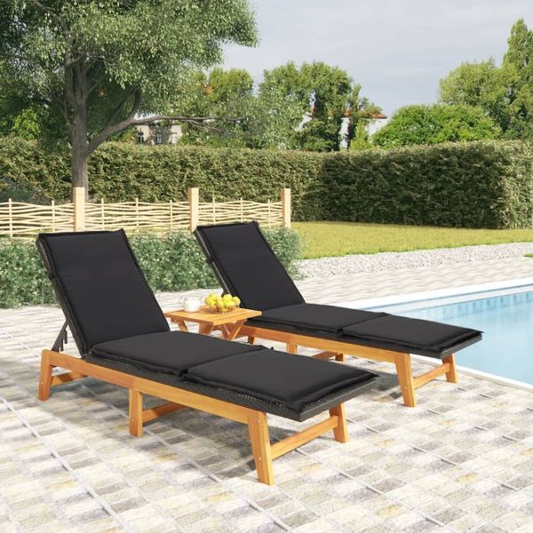 Sonnenliegen 2er Set | Gartenliege mit Auflagen Poly Rattan Massivholz Akazie
