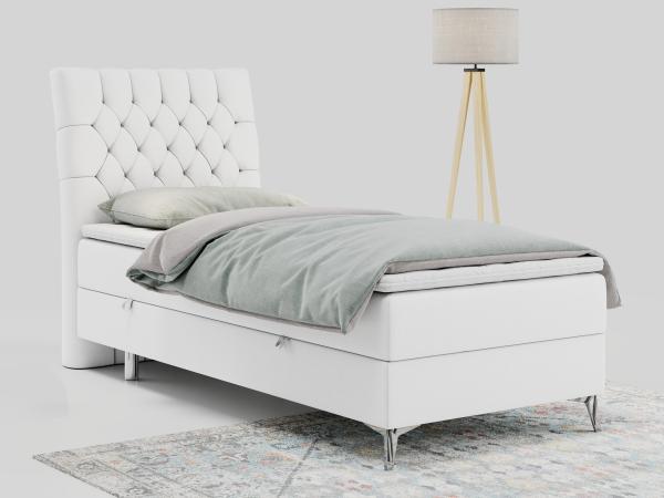 Boxspringbett MILEN, Einzelbett 90x200, Polsterbett mit Multipocket-Matratze und Topper - Weiß Kunstleder - links - H3