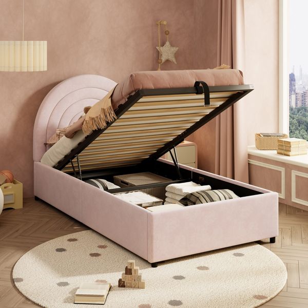 Kinderbett mit Stauraum und Kopfteil, 90x200 cm, Polsterbett mit Lattenrost, Einzelbett, Samt