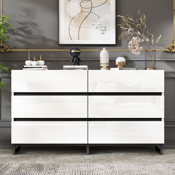 Sideboard Weiß/Schwarz, 140x39,5x78,5 cm mit 6 Schubladen & schwarzen Metallbeinen