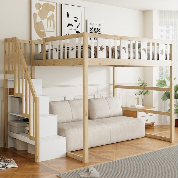 Flieks Hochbett Kinderbett 140x200 cm mit Stauraumtreppe, Rausfallschutz und Lattenrost