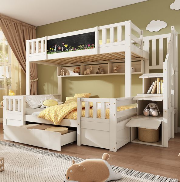 Etagenbett 90x200/140x200 cm mit Stauraum-Treppe und Kreidetafel – Kinderbett aus Massivholz und MDF, Weiß