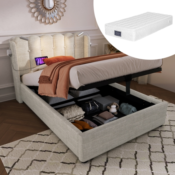 Polsterbett mit Leselampe,USB-Ladefunktion,Stauraum,natürlich Samt,90x200 cm,inklusive Matratze