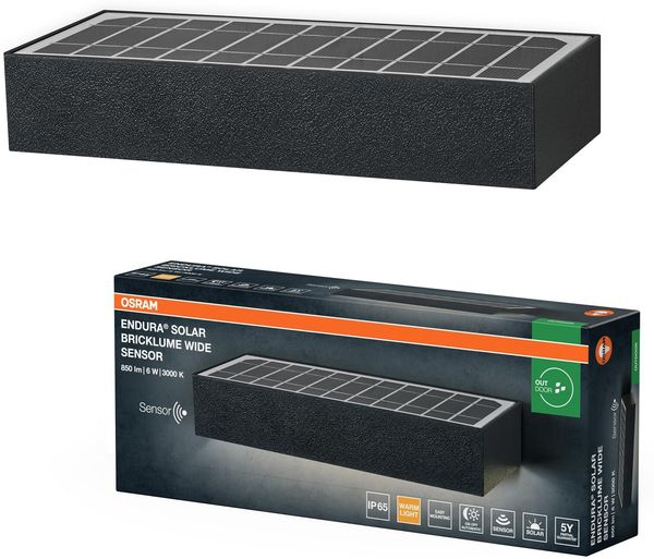 Osram ENDURA STYLE BRICKLUME Sensor, Solarleuchte, 6W, 850lm, dunkelgrau, indirekte Beleuchtung, Bewegungsmelder, Tageslichtsensor, IP65 Schutzklasse, 3.000K Farbtemperatur, warmweiße Lichtfarbe