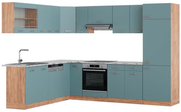 Eckküche R-Line Blau-Grau/Goldkraft Eiche 287 x 60 cm , AP Marmor Vicco