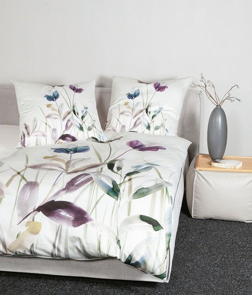 Janine Bettwäsche Mako-Baumwolle, Mako-Satin, 2 teilig, Blumen und Gräser in Aquarell-Optik, weißer Hintergrund