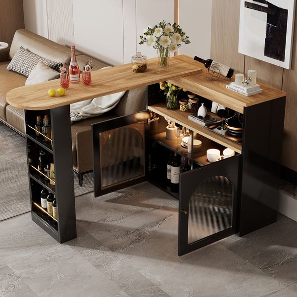 Bartisch mit LED Beleuchtung, drehbarer Bar-Schrank mit 3-stufigem Aufbewahrungssystem und Glasfront, ausziehbarer Stehtisch/Hochtisch,Schwarz