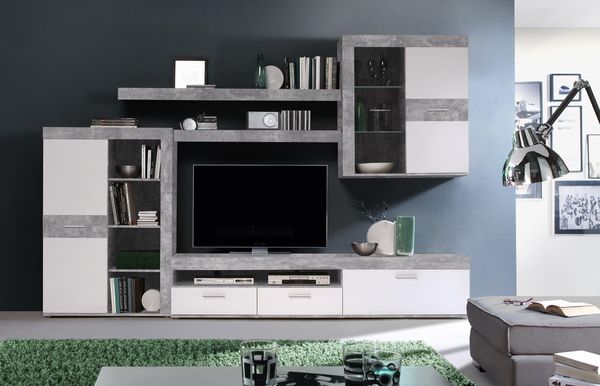 Wohnwand >ZUMBA< LED, 60 Zoll, Betonoptik / weiss - 300x200,9x41cm (B/H/T)