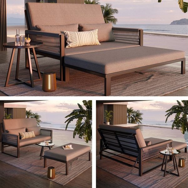 Odikalo Gartenlounge-Set Gartenliege Doppelliege Gartensofa Inkl. Glas-Couchtisch & Polstern, (mit geflochtenen Armlehnen aus Eisen / Wetterfestes Outdoor-Sofa)