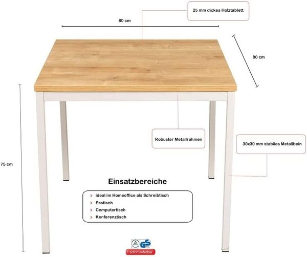 Furni24 Rechteckiger Universaltisch mit laminierter Platte Eiche 80 x 80 x 75 cm, Metallgestell und niveauausgleichs Füßen, ideal im Homeoffice als Schreibtisch, Konferenztisch, Computertisch, Esstisch Bild 3