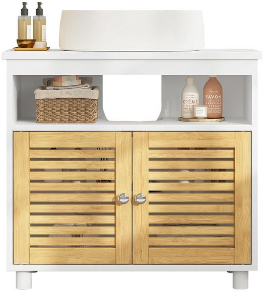 MSMASK Waschbeckenunterschrank Badezimmerschrank Badschrank Unterschrank Aufbewahrungsschrank mit 2 Bambus Türen und 1 offenes Fach, 60 x 30 x 60 cm