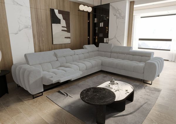 Ecksofa Schlafsofa BASTIEN RELAX in Stoff Terra Hellgrau Ottomane Rechts