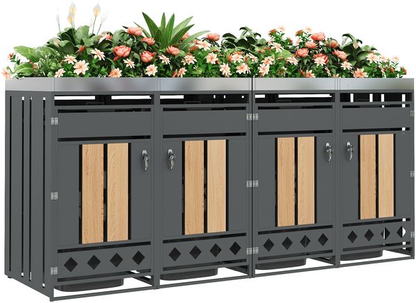Mülltonnenbox ,mit rautenförmigen Belüftungslöchern, trash storage compartments,Abschließbar,vier Türen,Pflanzfläche,Türpaneel mit vertikaler Holzmaserung , Rautenförmiger Hohlsocke