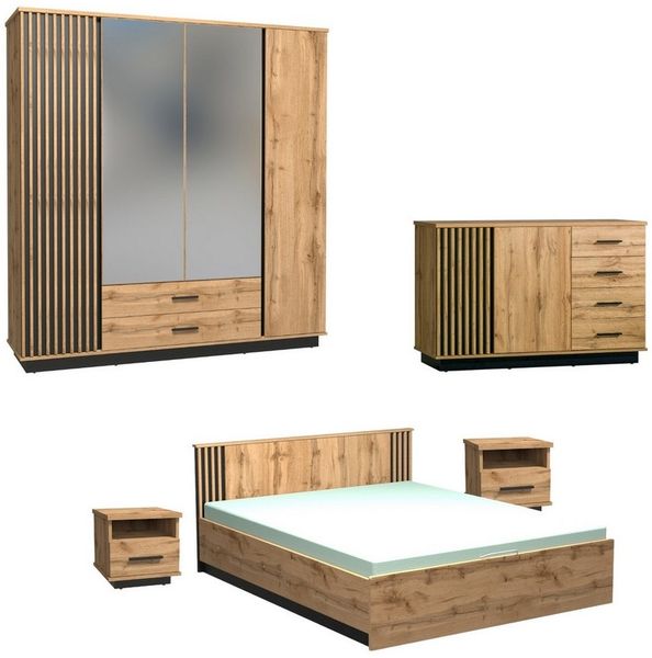 Deine Möbel 24 Komplettschlafzimmer LAMI D Schlafzimmer Möbelset in Wotan Eiche / Schwarz / Lamellen, (Modernes Design, Scandi, Industrial, Loft, 5-tlg, Viel Stauraum durch Schubladen, Bettkästen & großzügige Ablageflächen), Bett 160x200 mit Bettkasten...