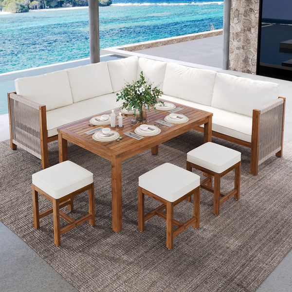 Merax Gartenloungeset 7-tlg, Balkonmöbel Sets für 7-8 Personen, Gartenmöbel Sets mit Gartentisch, Loungeset Terassenmöbel Sitzgruppe 8 Sitzer, Beige+Natur