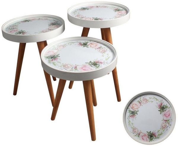 HOOZ Beistelltisch Satztisch 3er Set Beine Holz rund Ø 38 cm, Höhen: 47/ 53/ 59 cm Rosen (Set, 3-St, 3× Sofatisch), Platzsparendes 3er Couchtisch Set – flexibel ineinander schiebbar