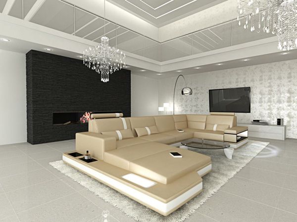 Sofa Dreams Wohnlandschaft Ledersofa Ledercouch Messana U Form Leder Sofa, Couch, mit LED, wahlweise mit Bettfunktion als Schlafsofa, Designersofa