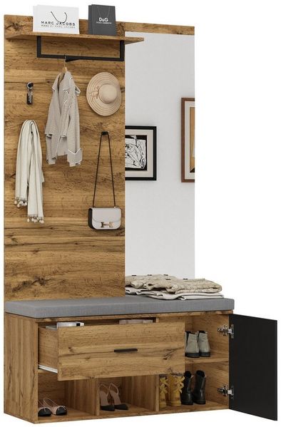 MC Star Garderoben-Set 190 cm hohes Garderobenset in Holzoptik mit Spiegel, (Schuhbank (104 x 39 cm) mit Polster, Schuhschrank, Schublade, Regal, Kleiderhaken – Praktisches Design für den Eingangsbereich)
