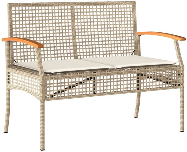 Gartenbank, Sitzbank mit Kissen Beige Poly Rattan Akazienholz