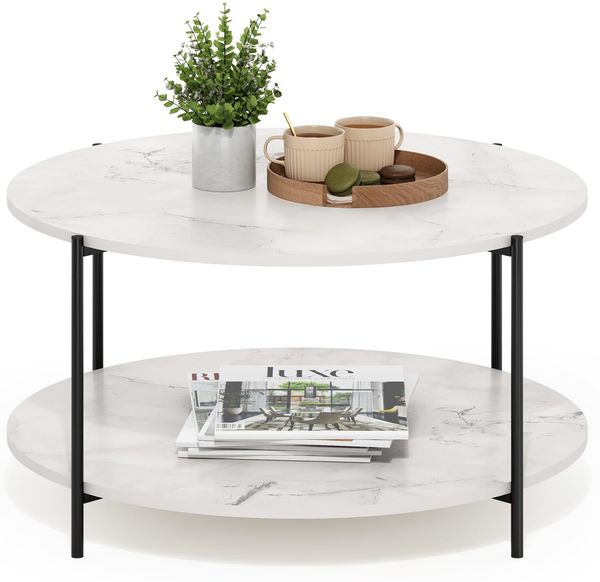 Furinno BESI Couchtisch, runder 2-Ebenen-Couchtisch mit Stauraum, Ablage und Metallbeinen, für Wohnzimmer, Hellmarmor, Light Marble/Black
