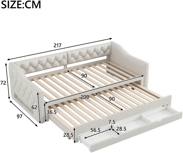 Tagesbett, Leinenmischung mit LED, Ausziehbett & 3 Schubladen, 90x200 cm, Beige, ohne Matratze Bild 3