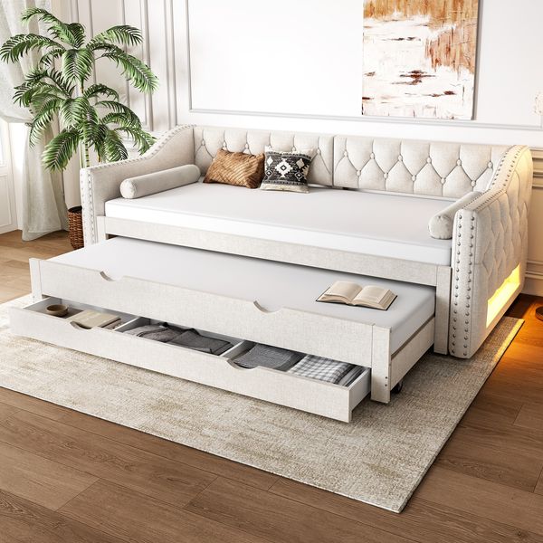 Tagesbett, Leinenmischung mit LED, Ausziehbett & 3 Schubladen, 90x200 cm, Beige, ohne Matratze
