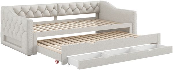 Tagesbett, Leinenmischung mit LED, Ausziehbett & 3 Schubladen, 90x200 cm, Beige, ohne Matratze Bild 7