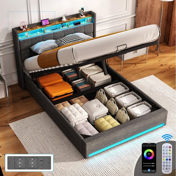 oyajia Polsterbett Doppelbett mit Stauraum gepolstertem Kopfteil (mit LED-Beleuchtung 90/140/160x200cm und hydraulischem Stauraum), Modernes Jugendbett, Leises Design Bett, Max. Belastbarkeit 365 kg