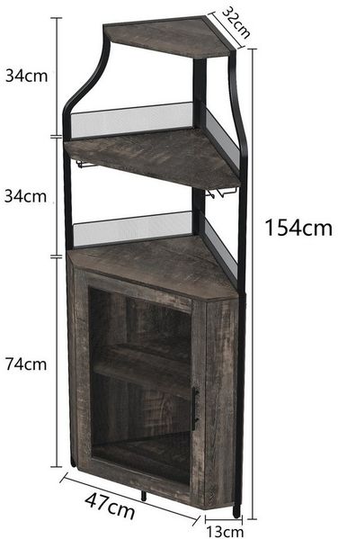 GarveeMore Eckschrank 5-stöckiges mit Glasständer und verstellbaren Regalen,47x32x154cm industrielles Eckschrank,Weinschrank mit Türen aus Metallgitter fürbar