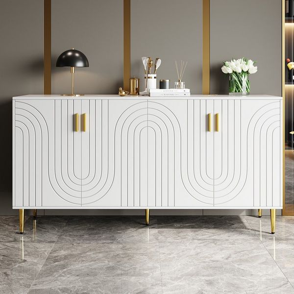 Flieks Sideboard Buffetschrank mit Einzigartigem Wellendesign und goldenen Griffen (152x40x75 cm, 1 St), Kommodechrank mit 4 Türen Wohnzimmer hochglanz Anrichte Weiß