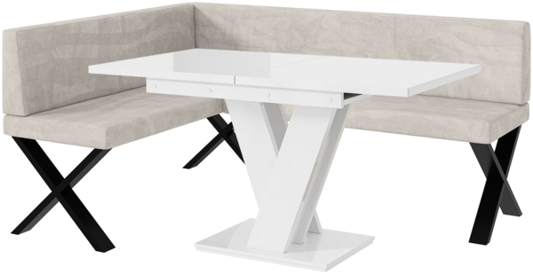 MEBLINI Eckbank für Esszimmer mit ausziehbarem Tisch - Küchenbank - Essecke - Sitzecke Küche - TONI - X-Beine 128x168x87cm Links - Beige Samt/M Weiß Hochgl.