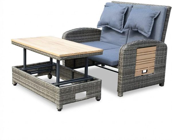 Gartensofa mit Liegefunktion Bahia 2in1 Lounge-Set, Sofa mit Hocker und hochstellbarer Tischplatte, Grau, Stahl und Polyethylengeflecht