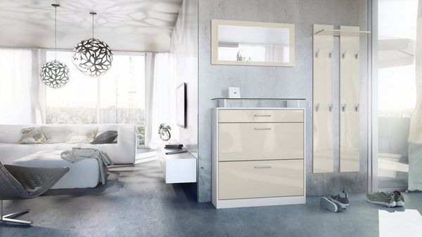 Vladon Garderobe Loret mini, Garderobenset bestehend aus 1 Schuhschrank, 1 Wandspiegel und 2 Garderobenpaneele, Weiß matt/Creme Hochglanz