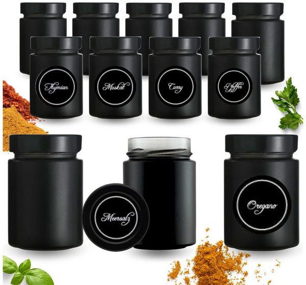 mikken Gewürzbehälter 12 Gewürzgläser 190 ml schwarz mit Deckel und 24 Gewürzetiketten, (12er Set)
