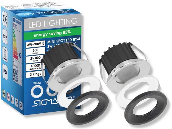 SIGMALED LIGHTING, Mini-LED-Einbaustrahler 3W, Spritzwassergeschützt für den Außenbereich, dimmbar, Neutralweiß 4000K, 300 Lumen, IP54 Runde Einbauspot, 220V / 230V AC, 2er-Pack (1 Box mit 2 Stuck)