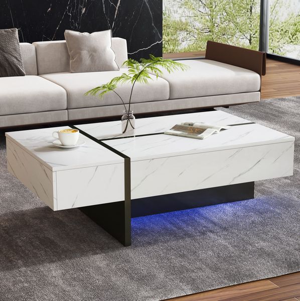 Couchtisch 105x60x35 cm mit 3 Schubladen und LED – Wohnzimmertisch in Weiß mit Hochglanzplatte