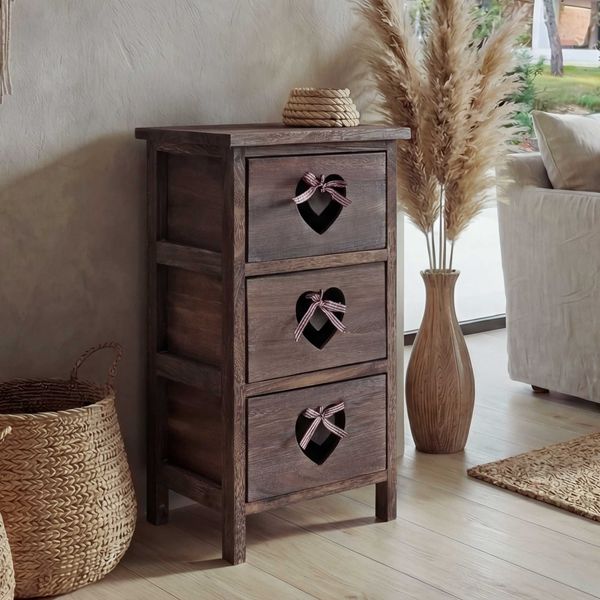 Kommode Forli, Schubladenkommode Schrank, 3 Schubladen mit Herzen 55x29x25cm, Shabby-Look, Vintage ~ braun