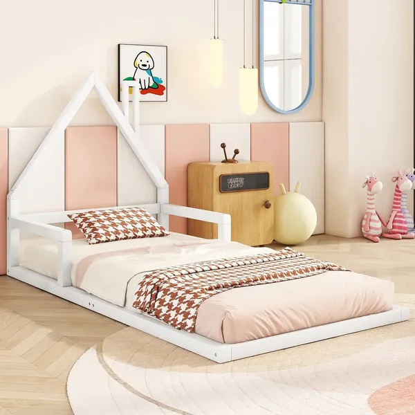 Kinderbett mit Lattenrost, 90x200 cm, Hausbett, Bodenbett, Jugendbett, Kiefer