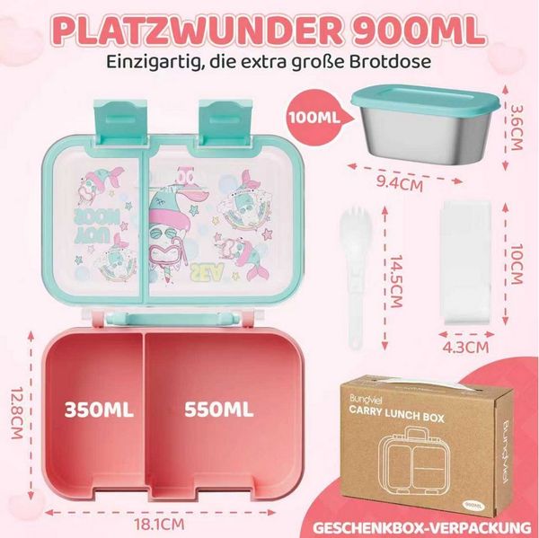 Bundviel Lunchbox Lunchbox Brotdose Kinder mit Fächern Auslaufsichere Bento-Box Brotdose, PP+ABS, (4-tlg, mit Saucenbehälter), spülmaschinenfest, kühlschrankgeeignet und mikrowellenfest