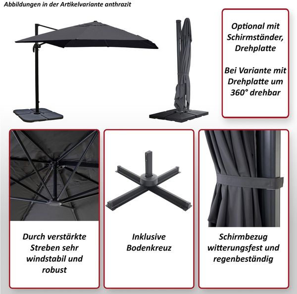 Mendler 'HWC-A96' Gastronomie-Ampelschirm mit Flap, Polyester, Anthrazit, 3x4 m, Alu / Stahl, mit Ständer, Drehbar Bild 2