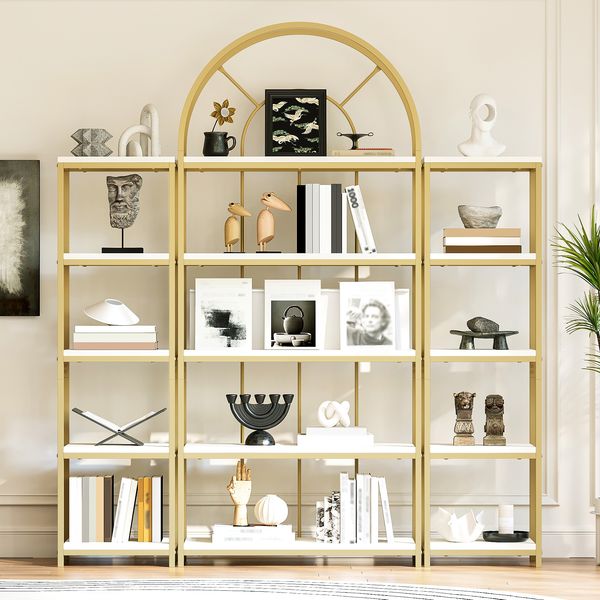 Flieks Standregal Set 163 x 30 x 184 cm, 3-teiliges Bücherregal mit Metallrahmen, MDF-Böden und Bogen-Design, Gold/Weiß