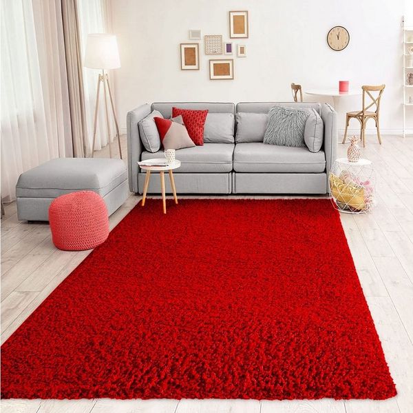 Vimoda Teppich Shaggy, Hochflor-Teppich Wohnzimmer in Rot, Rechteckig, Höhe: 30 mm, Langflor, Läufer, Einfarbig, Schlafzimmer, Kinderzimmer, klassisch
