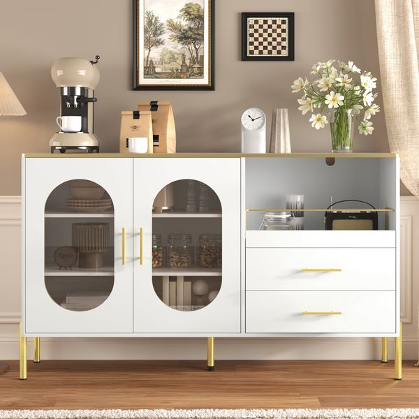 Sideboard 140x38x90 cm in Weiß mit Glasfront und goldenen Akzenten – eleganter Stauraum