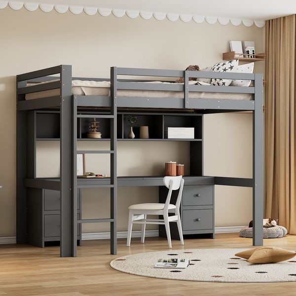 Hochbett aus Kiefer massiv mit Schreibtisch & Stauraum, 90x200 cm, Grau, ohne Matratze