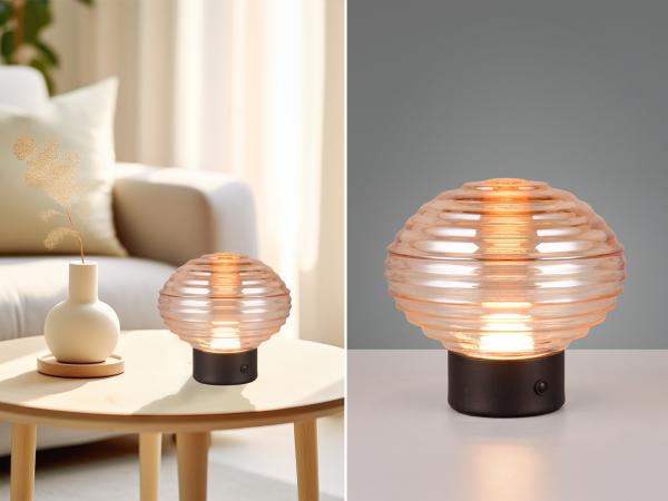 Retro Akku Tischleuchte EARL mit Glasschirm Bernsteinfarbig, Höhe 14cm