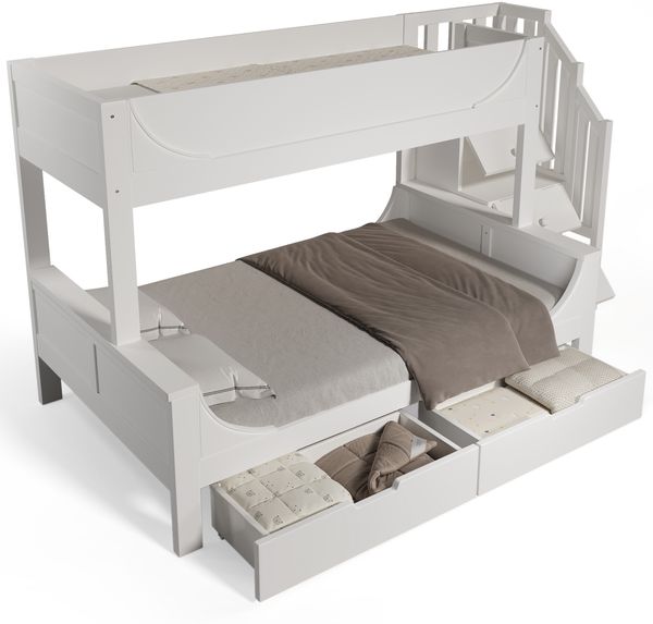 Merax Kinderbett Etagenbett mit Leiterschrank & Schubladen, Holzbett mit Rausfallschutz und Lattenrost, Oben 90x200cm, Unten 140x200cm Doppelbett, Weiß(Ohne Matratze) Bild 10