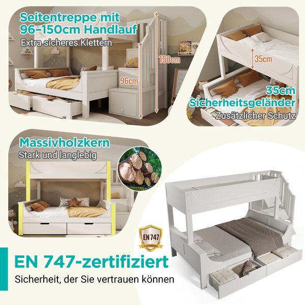 Merax Kinderbett Etagenbett mit Leiterschrank & Schubladen, Holzbett mit Rausfallschutz und Lattenrost, Oben 90x200cm, Unten 140x200cm Doppelbett, Weiß(Ohne Matratze) Bild 5