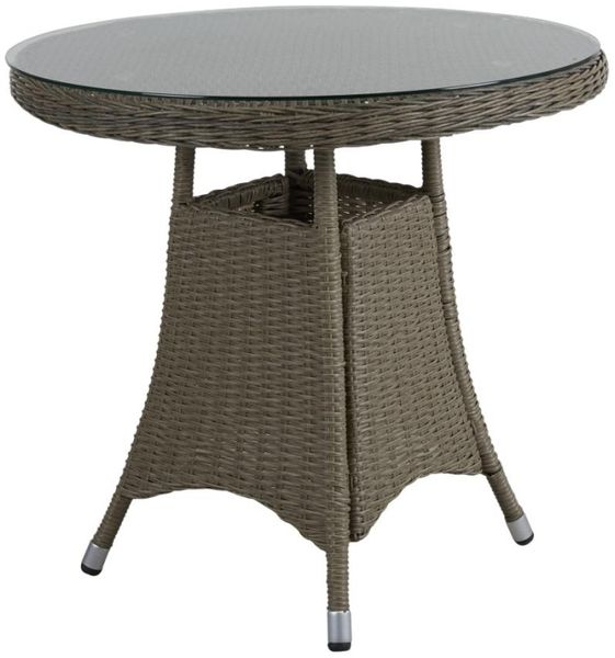 Gartenesstisch Hornbrook aus Kunst-Rattan und Glas, klassisch rund, beige natur, 80 cm, für 2–4 Personen