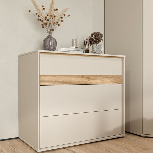 Forte WEXLIN Kommode 95 100, moderne Kommode mit 3 Schubladen, Kinder- und Jugendzimmer, Holzwerkstoff, Kaschmir | Beige |Mauvella Eiche Holzdekor, 96,3 cm breit x 84,1 cm hoch x 50,2 cm tief