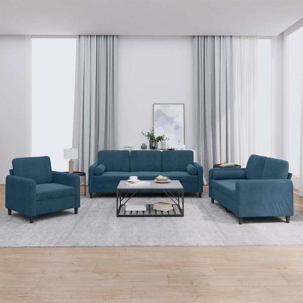 vidaXL 3-tlg. Sofagarnitur mit Kissen Blau Samt 3201963